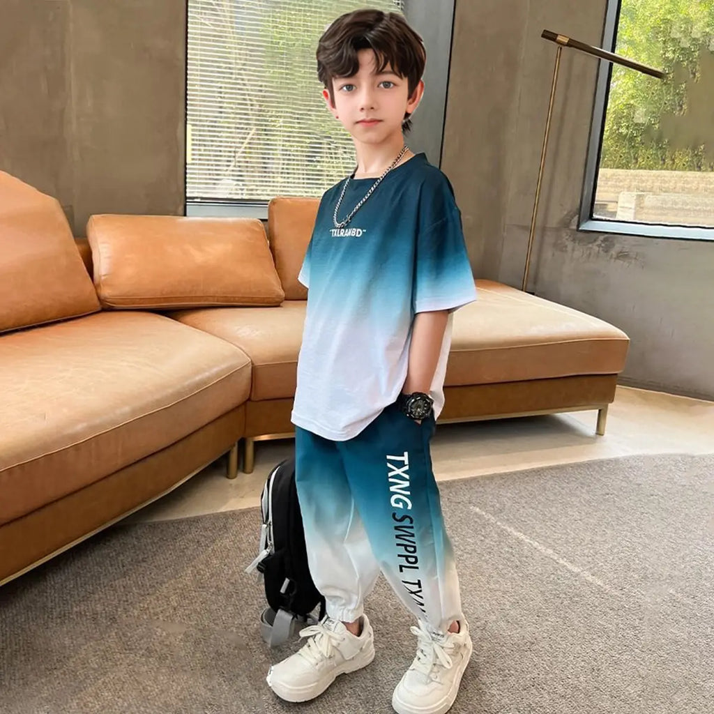 Boys Green Typographic Print Short Sleeves T-Shirt With Jogger Co-ord Sets Sets