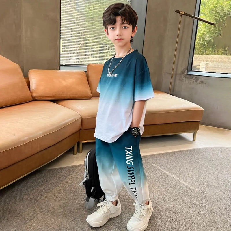 Boys Green Typographic Print Short Sleeves T-Shirt With Jogger Co-ord Sets Sets