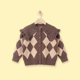 Girls Brown Diamond Jacquard Long Sleeve Cardigan Sweaters & Cardigans Brown 2-3 Y