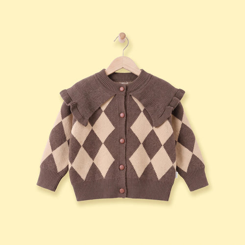 Girls Brown Diamond Jacquard Long Sleeve Cardigan Sweaters & Cardigans Brown 2-3 Y