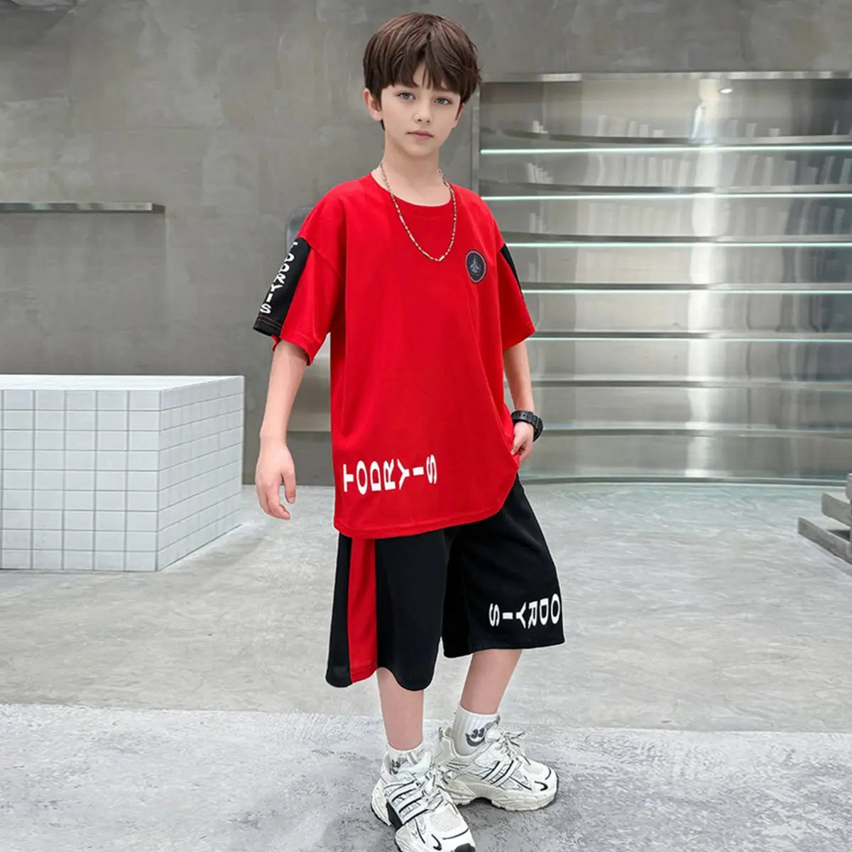 Boys Red Typographic Printed Oversized T-Shirt With Shorts Sets Sets