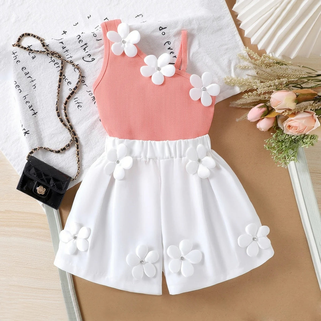 Girls Peach Floral Applique One-Shoulder Top With Shorts Sets 2 pc. Sets Peach 3-4 Y