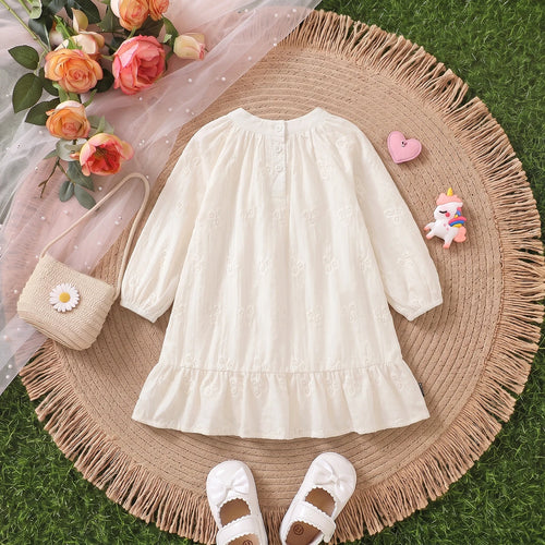 Girls Off White Floral Self-Design Puff Sleeve A-Line Dress Casual Dresses