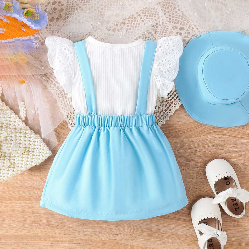 Girls Flared Sleeve Top With Suspender Skirt & Hat Set Sets   