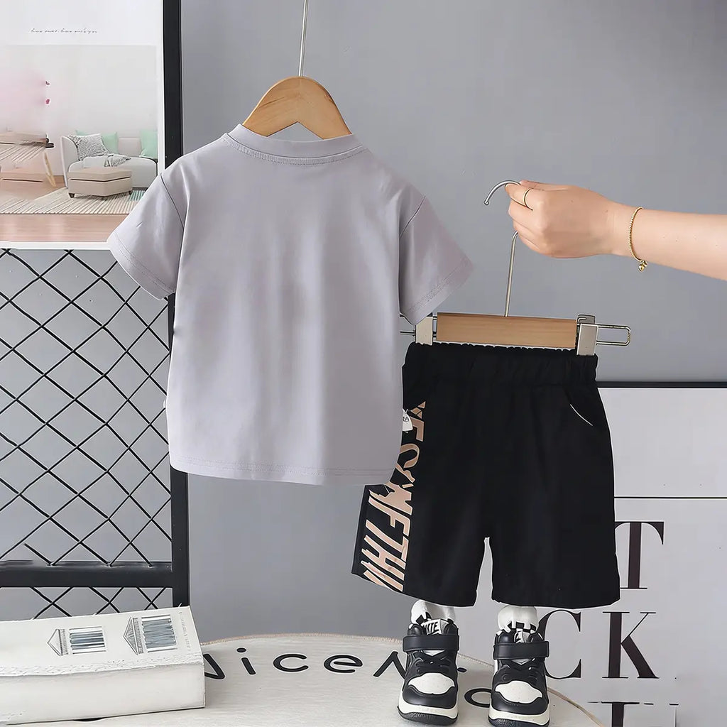 Boys Light Grey Typographic Printed Short Sleeve T-Shirt With Elasticated Shorts Sets Sets