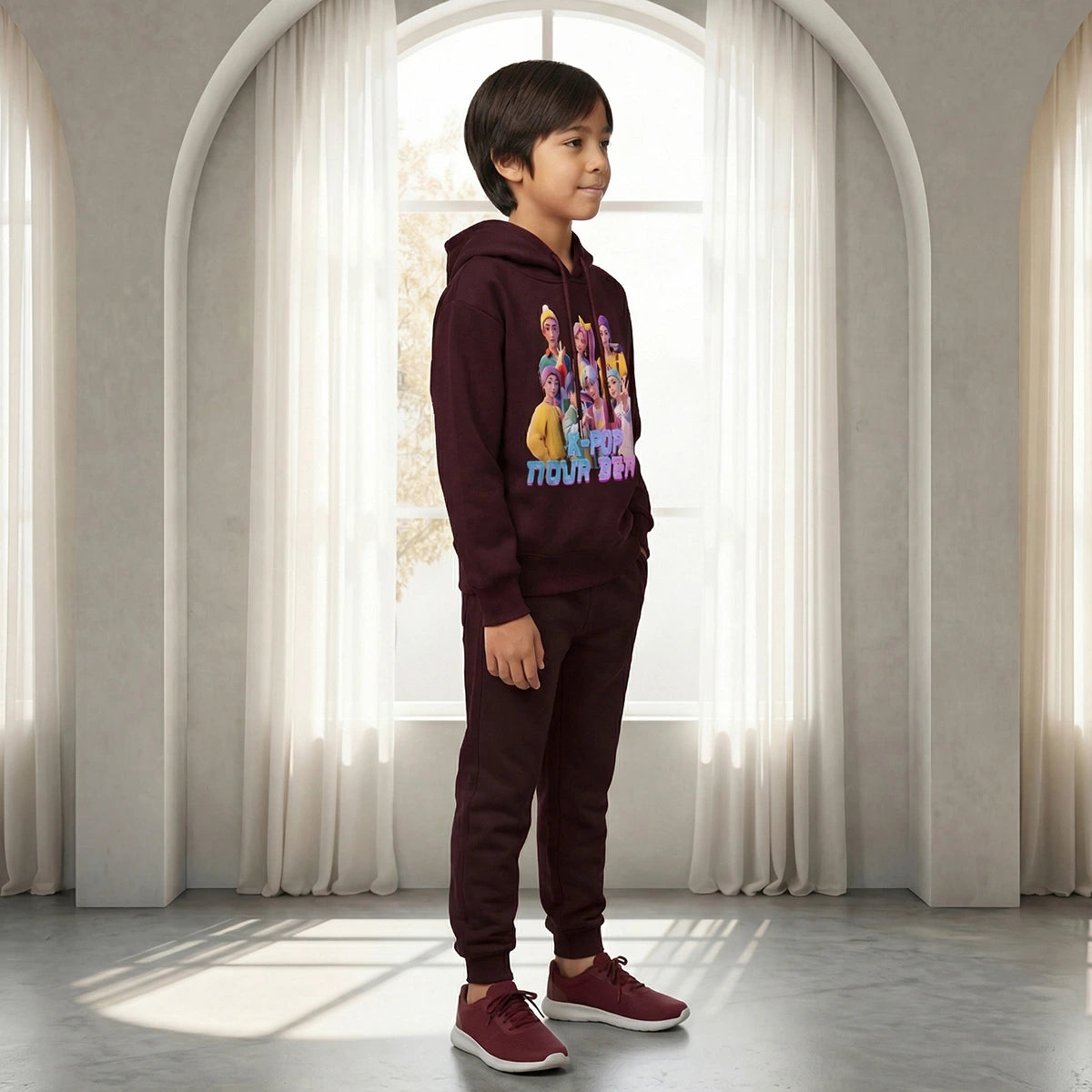 Boys Maroon K-Pop Nova Beat Graphics Hoodie With Jogger Co-ord Sets Sets