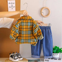 Boys Yellow Checked Shirt With Printed T-Shirt & Denim Pants Set Sets