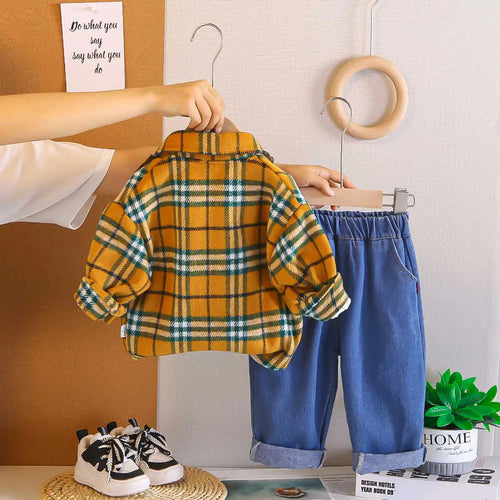Boys Yellow Checked Shirt With Printed T-Shirt & Denim Pants Set Sets