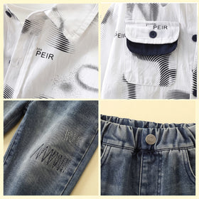 Boys White Typographic Shirt With Denim Pants Sets 2 pc. Sets