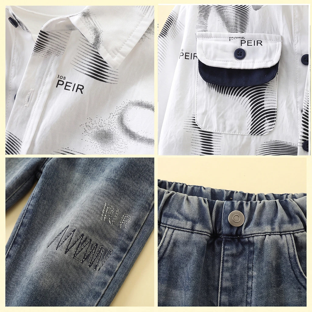 Boys White Typographic Shirt With Denim Pants Sets 2 pc. Sets