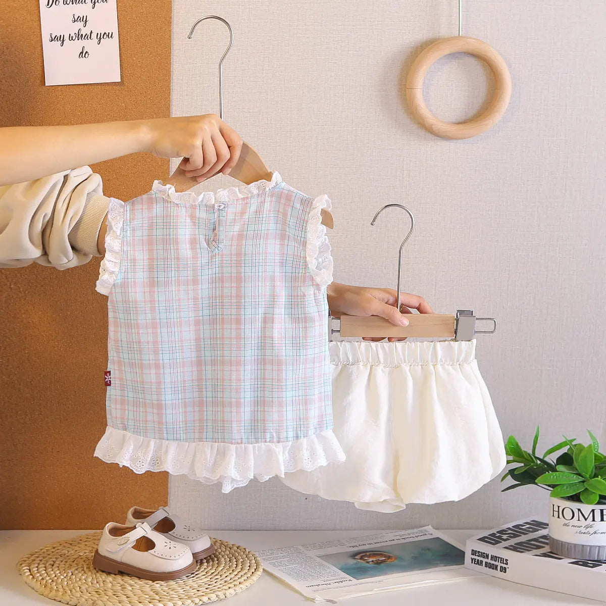 Girls Light Blue Checked Sleeveless Top With Shorts Sets Sets