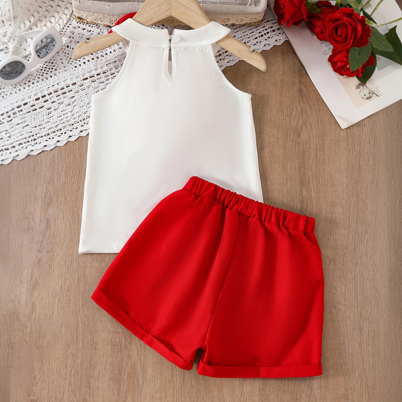 Girls 3D Flower Applique Halter Top With Red Shorts Set Sets