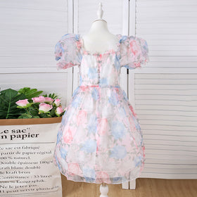 Girls Multicolor Puff Sleeve Floral Print Fit & Flare Dress Casual Dresses