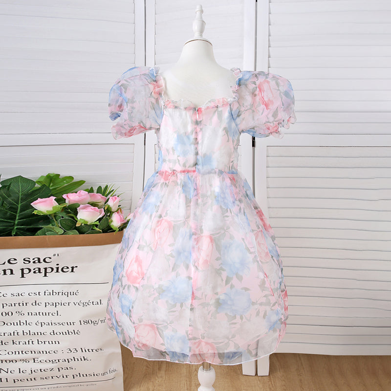 Girls Multicolor Puff Sleeve Floral Print Fit & Flare Dress Casual Dresses