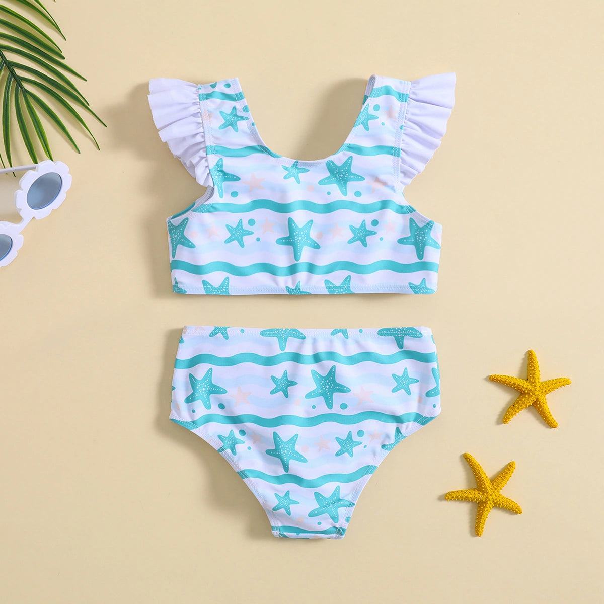Girls White Starfish Print Top With Briefs Swimwear Sets Sets