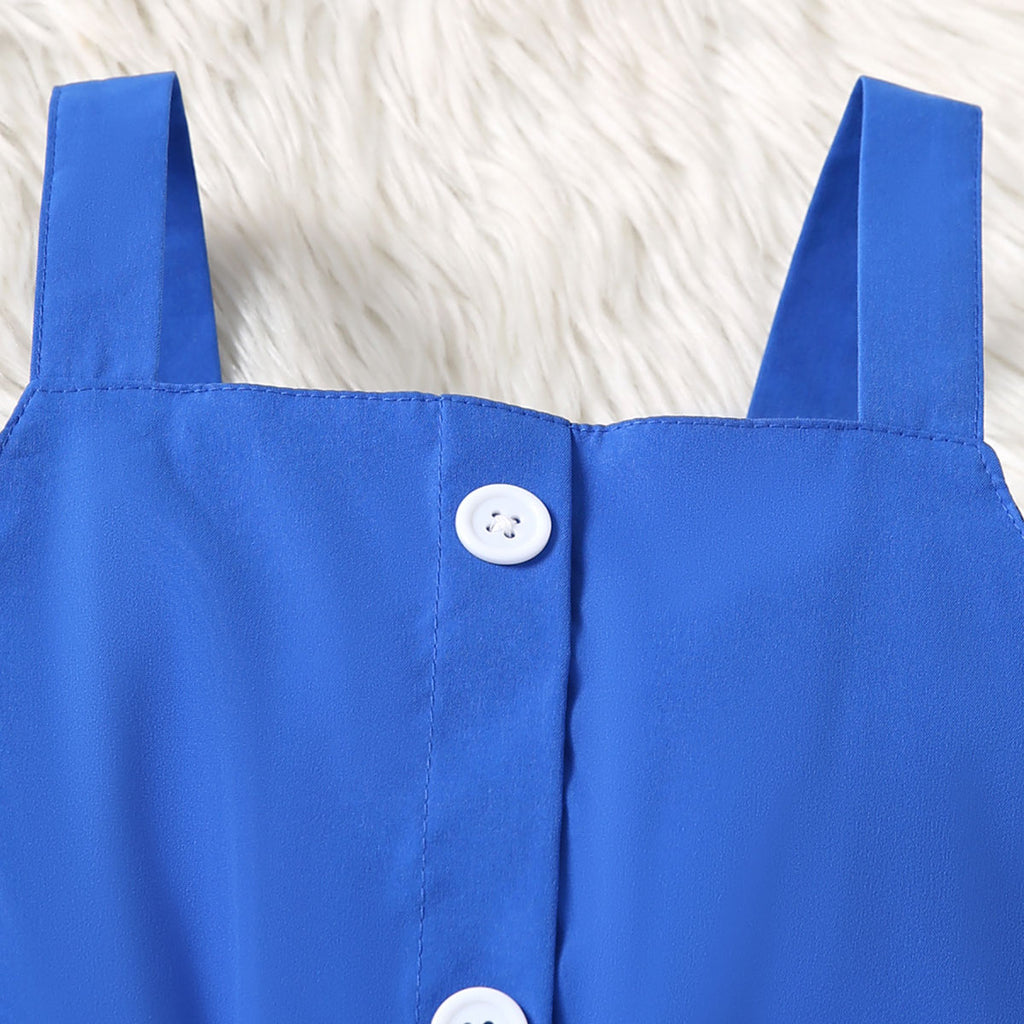 Girls Blue Sleeveless Shoulder Strap Ruffles Dress Casual Dresses