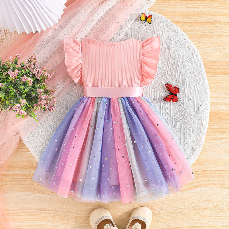 Girls Peach Star Printed Flutter Sleeves Dress Casual Dresses