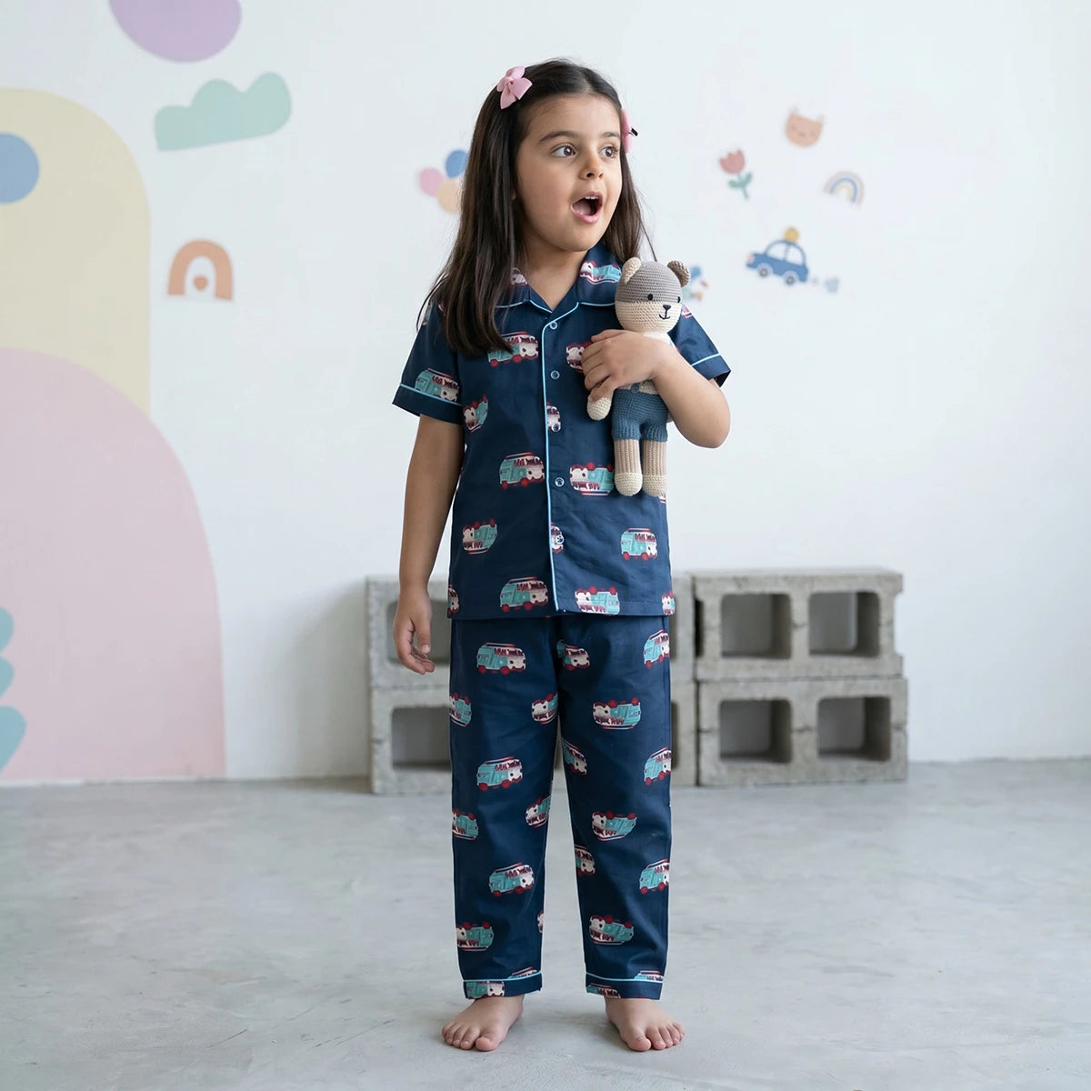 Girls Navy Blue Car Printed Short Sleeve Shirt With Printed Pyjama Sets Sets