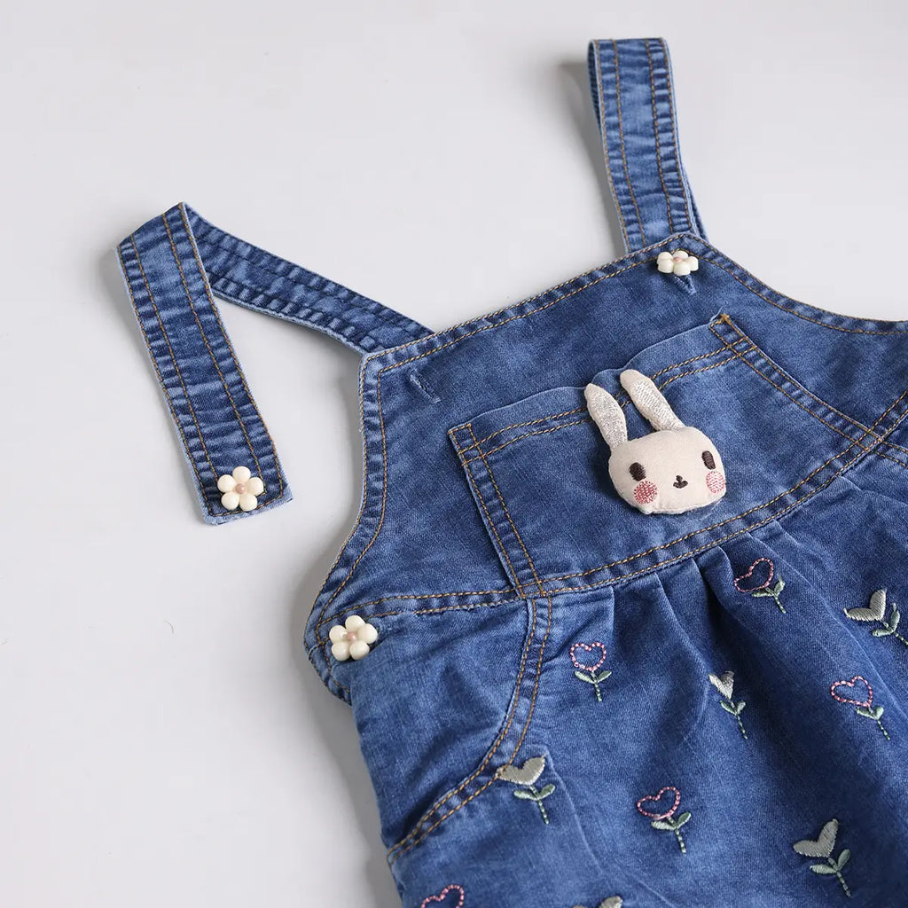 Girls Yellow Embroidered Denim Dungaree With T-Shirt & Diaper Cover Sets 3 pc. Sets