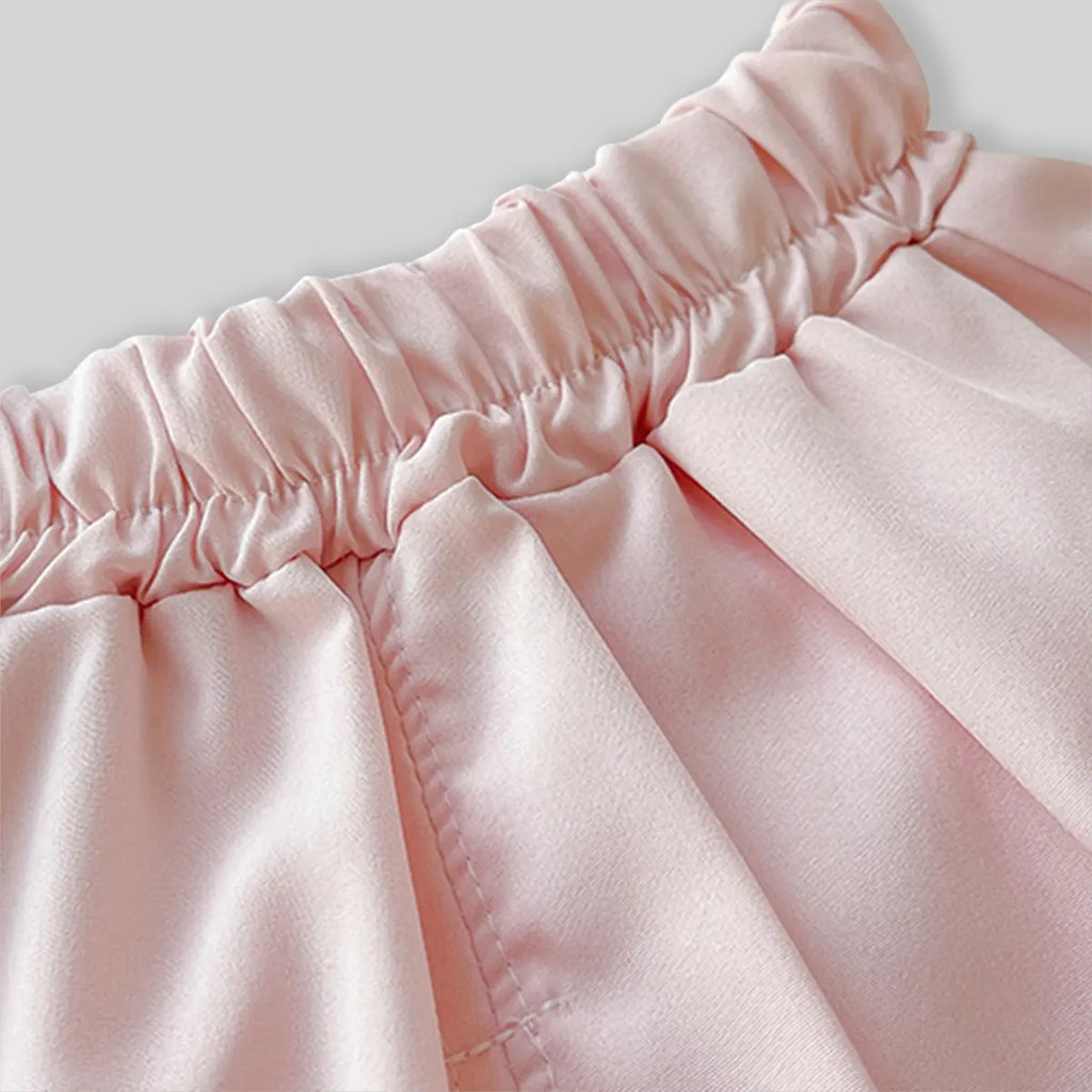 Girls Pink Embroidered Puff Sleeves Top With Purple Bloomer-style Short Sets Sets