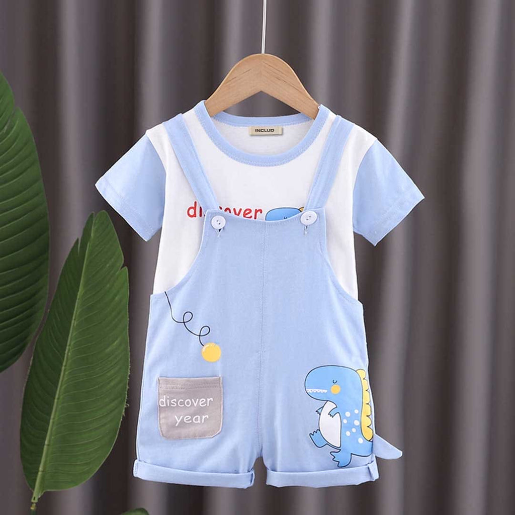 Boys Dinosaur Printed Short Sleeves T-shirt with Dungaree Set Sets Blue 1-2 Y 