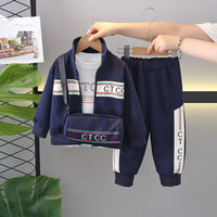 Boys Navy Blue Typographic Printed Sweatshirt With T-Shirt & Sling Bag & Pants Set Sets Navy Blue 1-2 Y