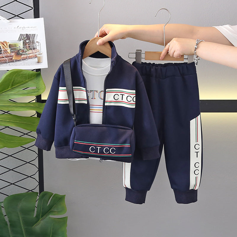 Boys Navy Blue Typographic Printed Sweatshirt With T-Shirt & Sling Bag & Pants Set Sets Navy Blue 1-2 Y