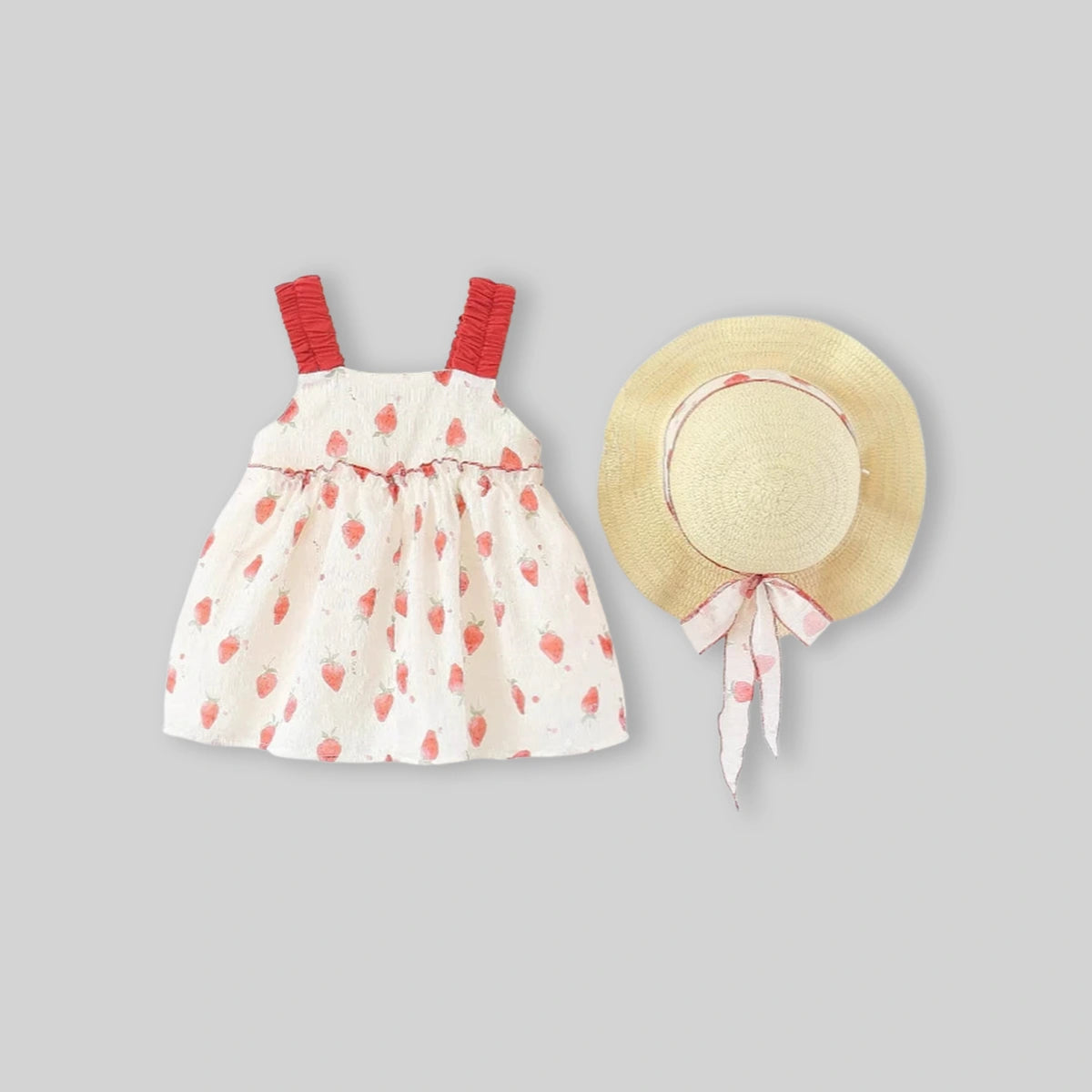 Girls Off White Strawberry Print A-Line Dress With Sun Hat Casual Dresses