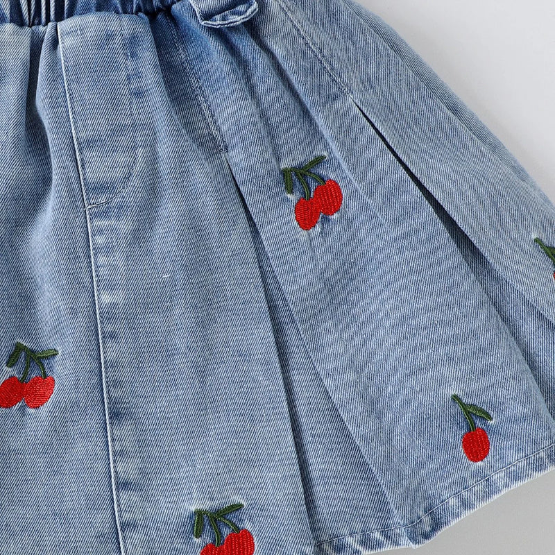 Girls Blue Cherry Embroidered Sleeveless Denim Crop Top with Pleated Skirt Sets 2 pc. Sets