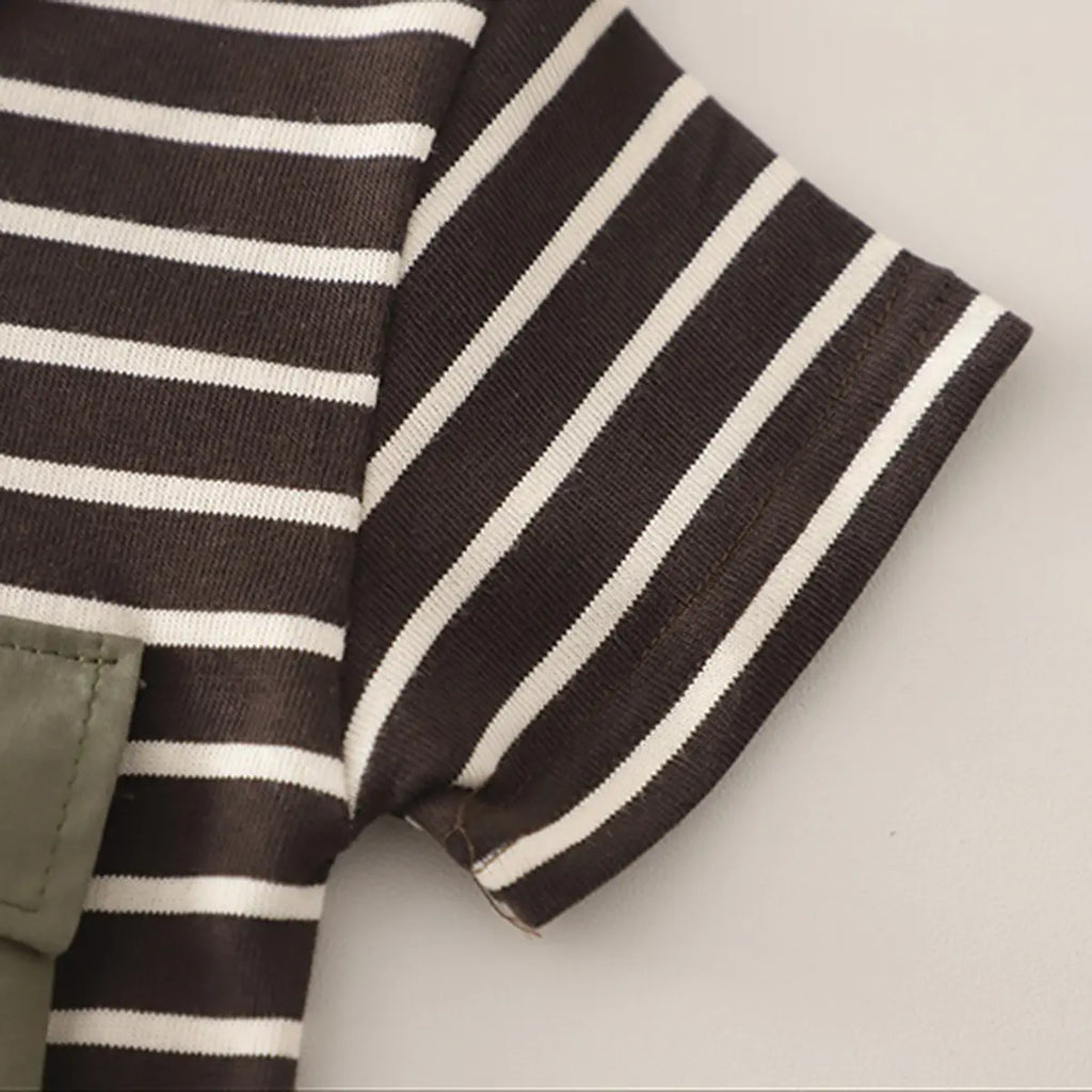 Boys Dark Brown Striped T-Shirt With Pocket & Denim Shorts Sets Sets