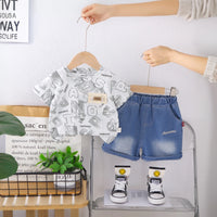 Boys Grey Typographic Print T-Shirt With Denim Shorts Set Sets Grey 1-2 Y
