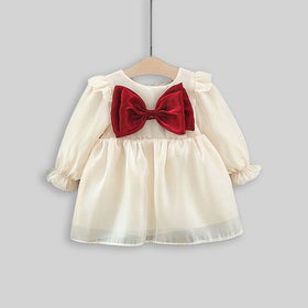 Girls Short Sleeve Square Neck Dress With Bow Casual Dresses   