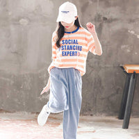 Girls Striped Alphabet Print T-Shirt With Denim Joggers Set 2 pc. Sets   