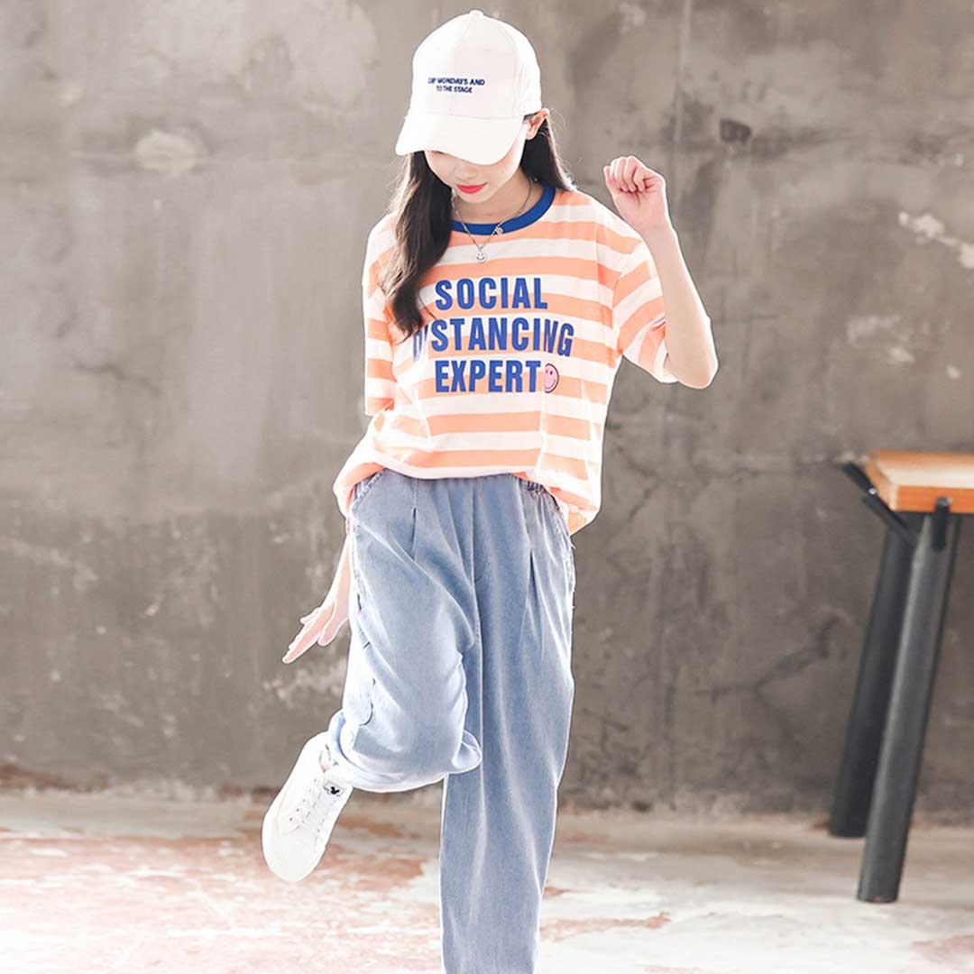 Girls Striped Alphabet Print T-Shirt With Denim Joggers Set 2 pc. Sets   