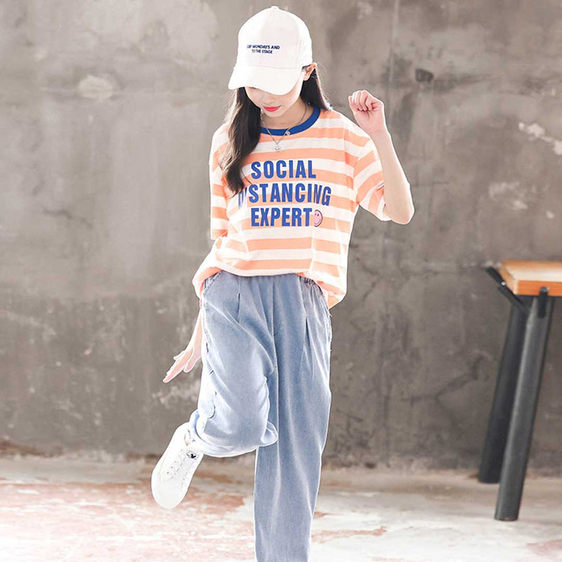Girls Striped Alphabet Print T-Shirt With Denim Joggers Set 2 pc. Sets   