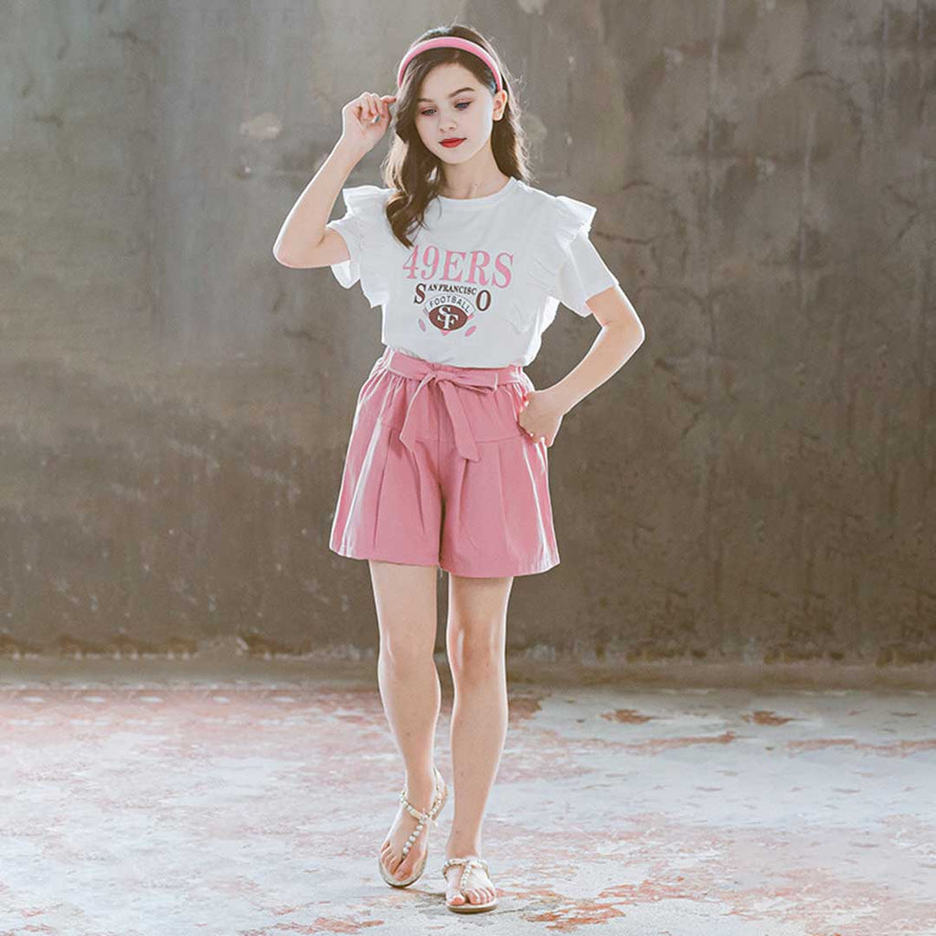 Girls Short Sleeve Printed T-Shirt With Pleated Shorts Set 2 pc. Sets   