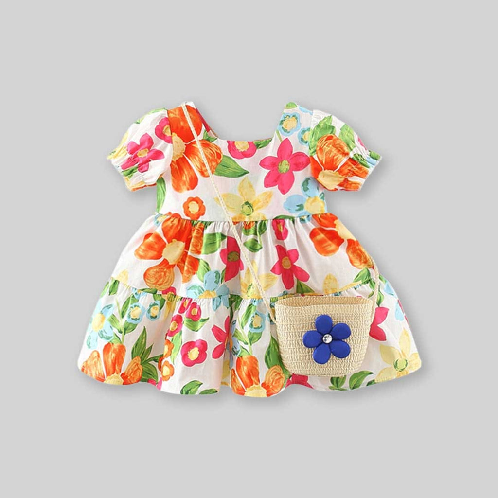 Girls Short Sleeve Floral Print Dress Casual Dresses Orange 1-2 Y 