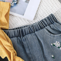 Girls Yellow Printed T-shirt with Embroidered Denim Shorts Set Sets