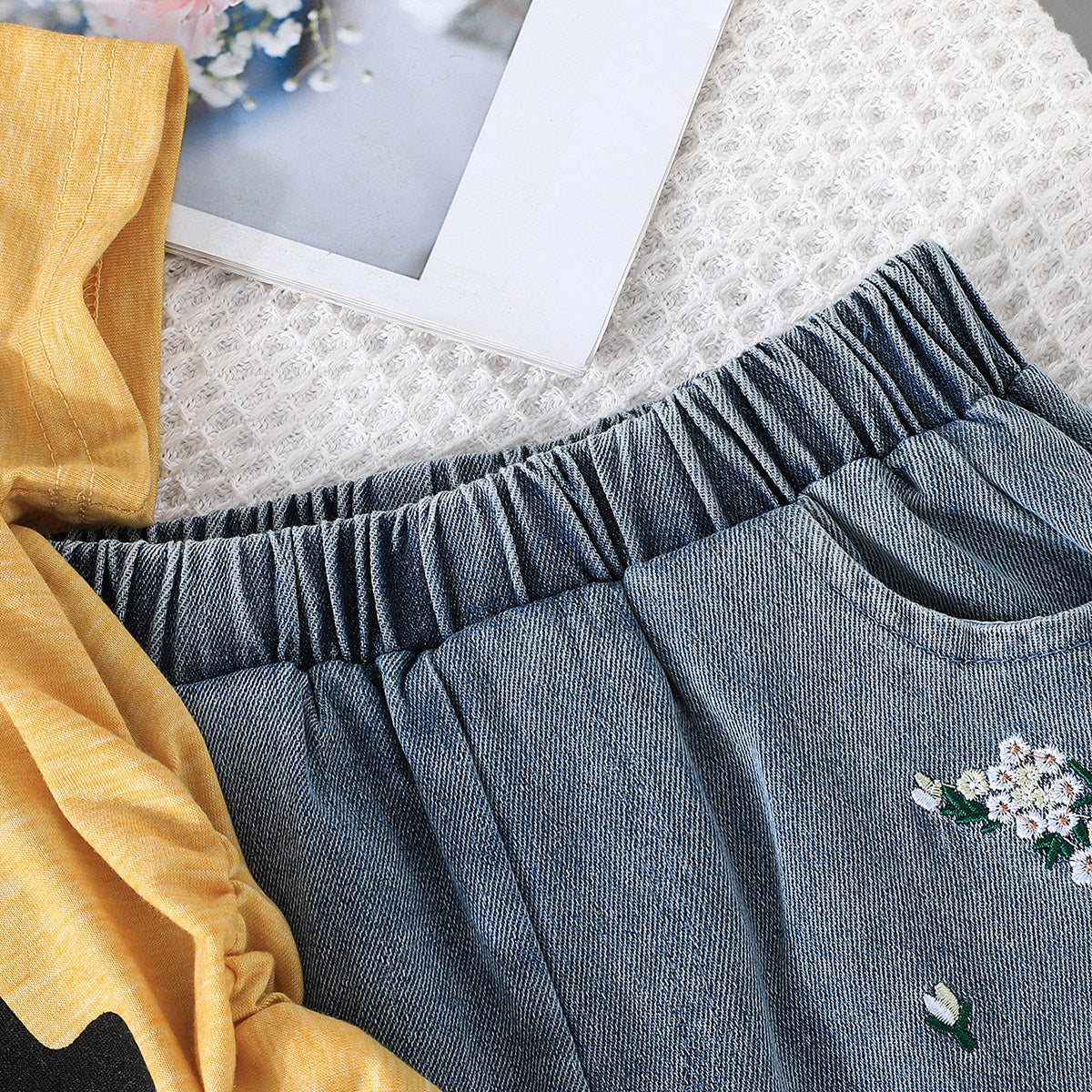 Girls Yellow Printed T-shirt with Embroidered Denim Shorts Set Sets