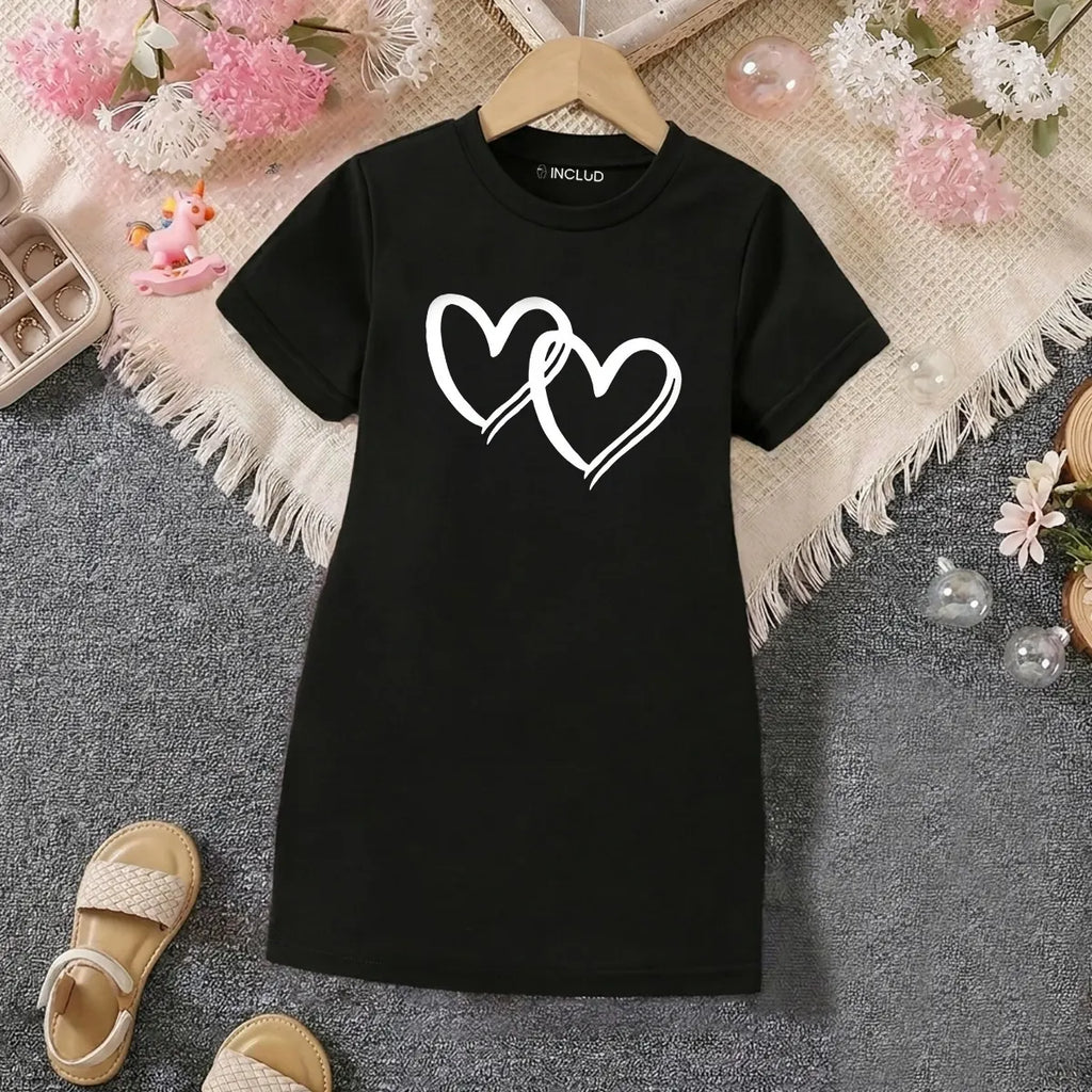 Girls Black Heart Print Short Sleeve T-Shirt Dress Casual Dresses Black 4-5 Y
