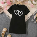 Girls Black Heart Print Short Sleeve T-Shirt Dress Casual Dresses Black 4-5 Y