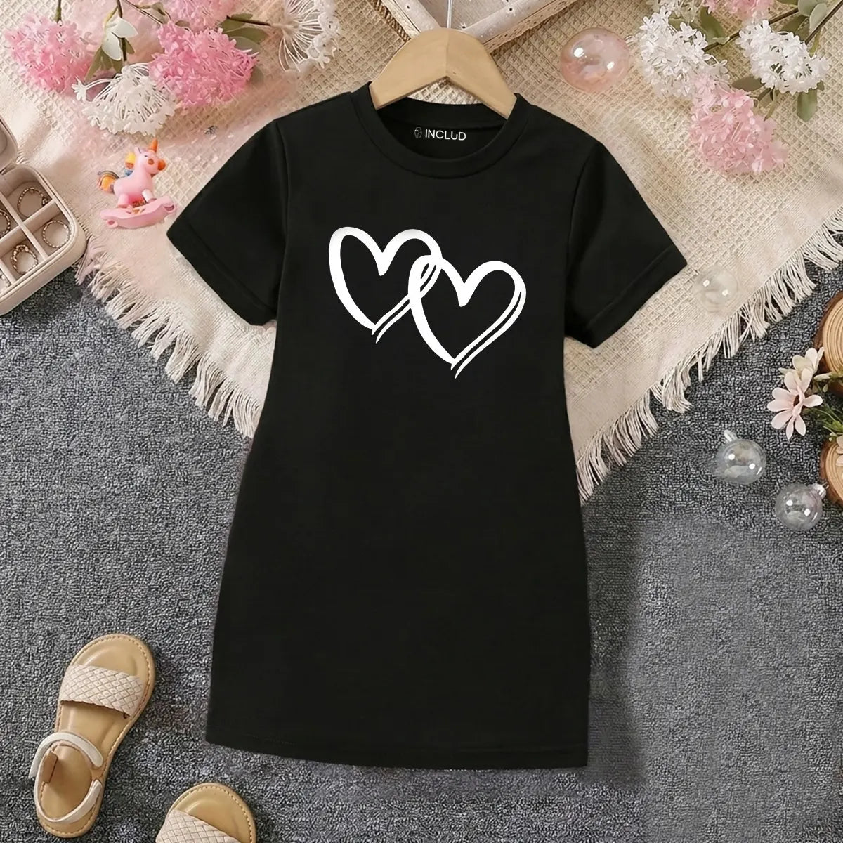 Girls Black Heart Print Short Sleeve T-Shirt Dress Casual Dresses Black 4-5 Y