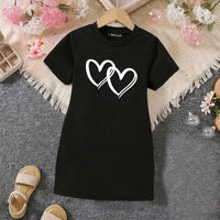 Girls Black Heart Print Short Sleeve T-Shirt Dress Casual Dresses Black 4-5 Y