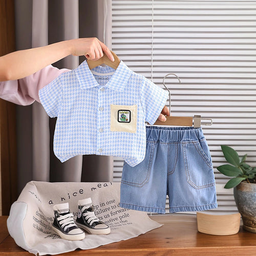 Boys Light Blue Checked Button-Down Shirt With Denim Shorts Set Sets Light Blue 1-2 Y