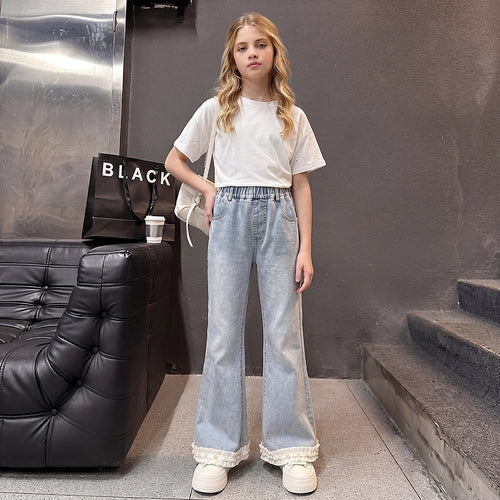 Girls Light Blue Flared Denim Jeans With Ruffle Hem Pants Light Blue 5-6 Y
