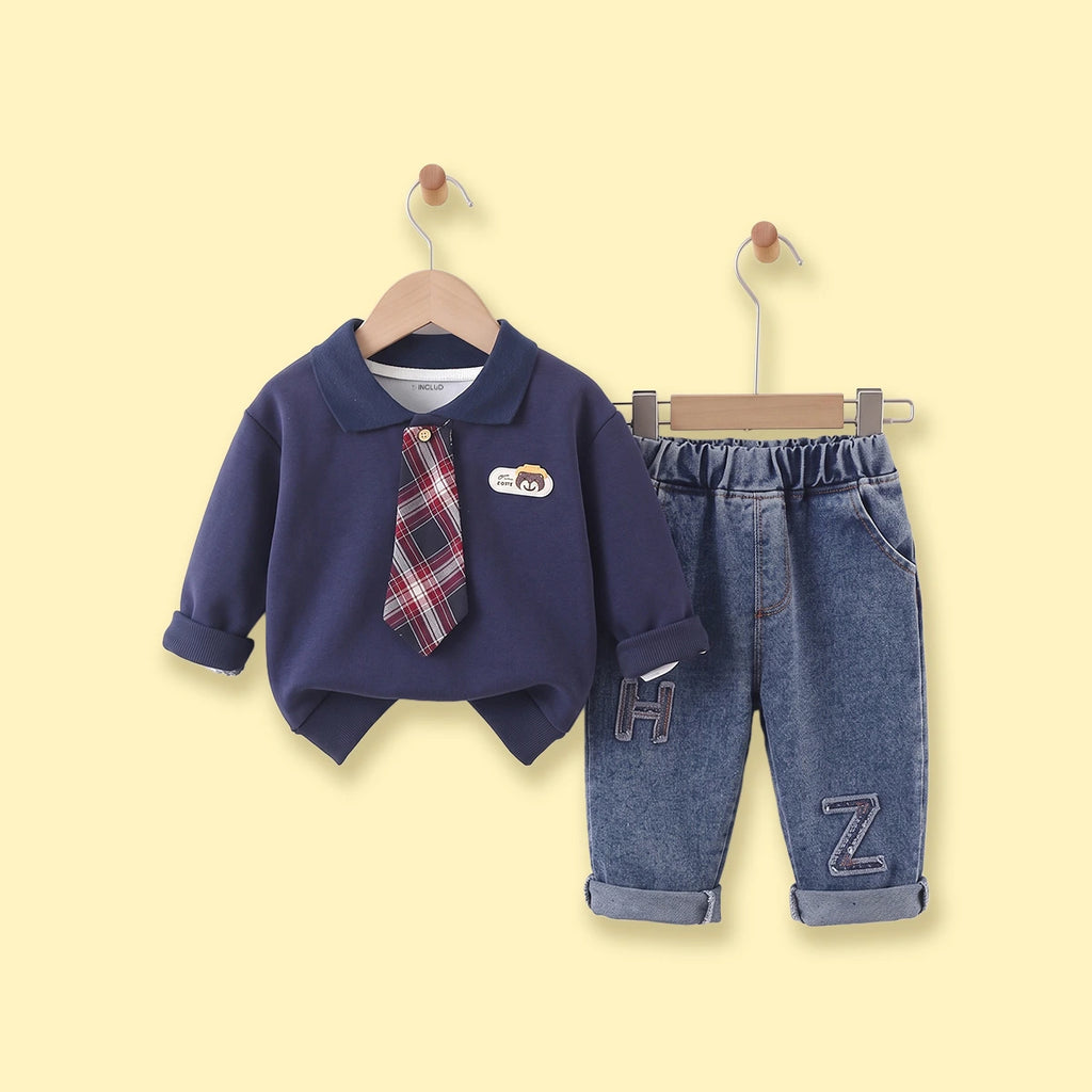 Boys Navy Blue Polo Sweatshirt & Denim Pants Sets Sets Navy Blue 1-2 Y