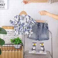 Boys Blue Typographic Print Short Sleeves T-Shirt With Denim Shorts Set Sets
