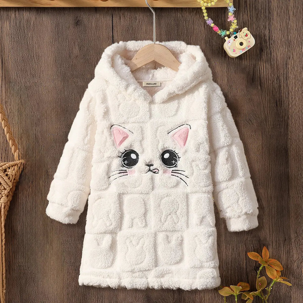 Girls Multicolor Cat Printed Polar fleece Hooded A-line Dress Casual Dresses Multicolor 3-4 Y