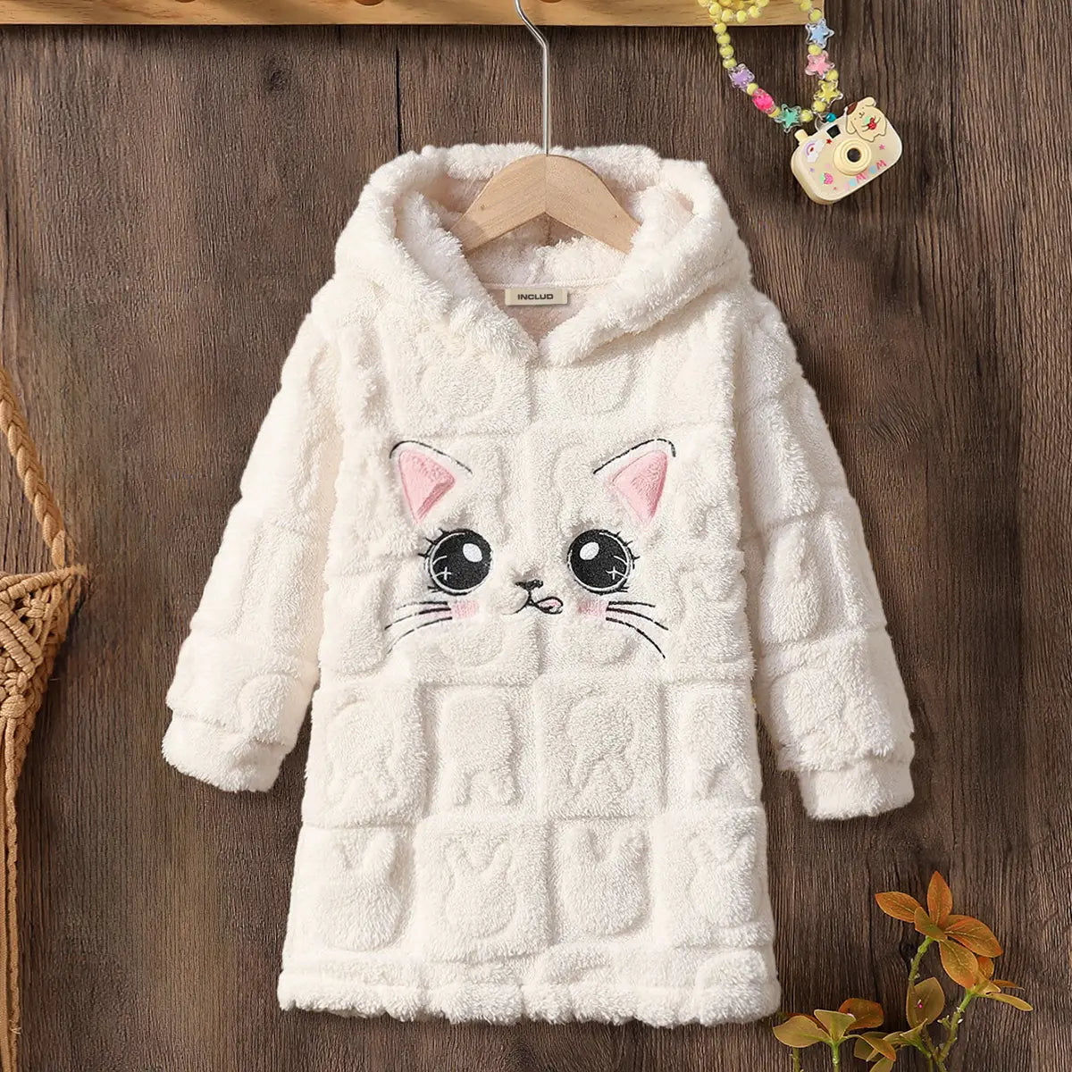 Girls Multicolor Cat Printed Polar fleece Hooded A-line Dress Casual Dresses Multicolor 3-4 Y