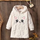 Girls Multicolor Cat Printed Polar fleece Hooded A-line Dress
